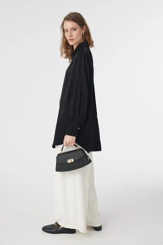 Desenli Düğmeli Rahat Siyah Gömlek 0120