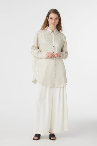 Desenli Düğmeli Rahat Taş Gömlek 0120