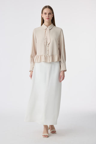 Fularlı Düğmeli Volanlı Bej Gömlek 0122