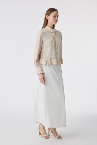 Fularlı Düğmeli Volanlı Bej Gömlek 0122