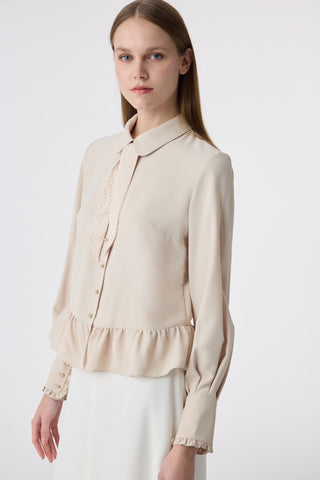 Fularlı Düğmeli Volanlı Bej Gömlek 0122