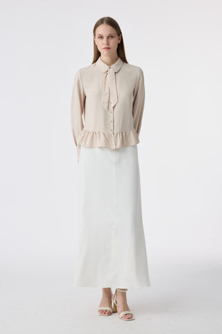 Fularlı Düğmeli Volanlı Bej Gömlek 0122