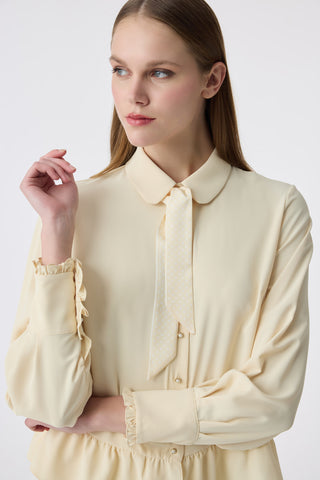 Fularlı Düğmeli Volanlı Butter Gömlek 0122