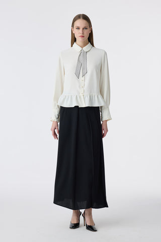 Fularlı Düğmeli Volanlı Ekru Gömlek 0122