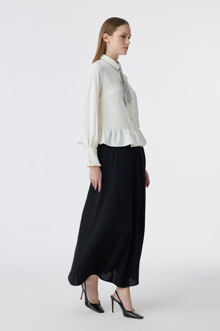 Fularlı Düğmeli Volanlı Ekru Gömlek 0122