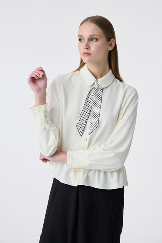 Fularlı Düğmeli Volanlı Ekru Gömlek 0122