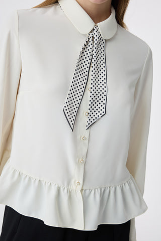 Fularlı Düğmeli Volanlı Ekru Gömlek 0122