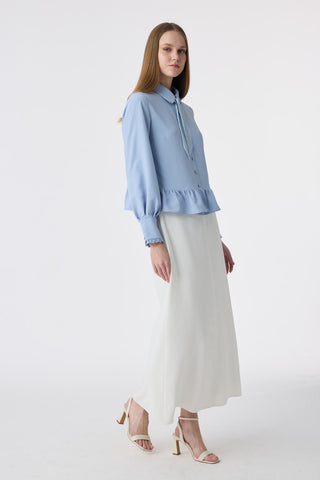 Fularlı Düğmeli Volanlı Mavi Gömlek 0122