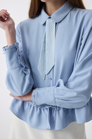Fularlı Düğmeli Volanlı Mavi Gömlek 0122