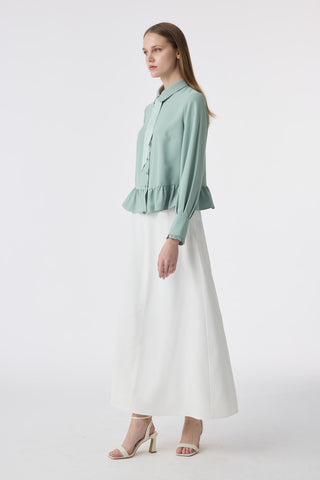 Fularlı Düğmeli Volanlı Mint Gömlek 0122