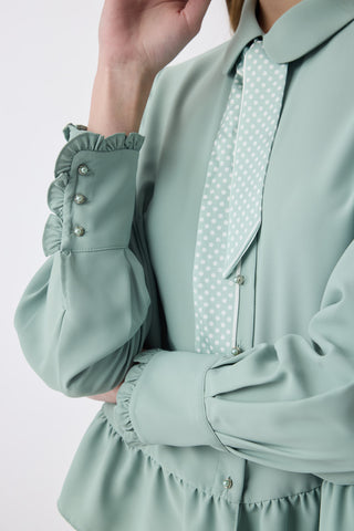 Fularlı Düğmeli Volanlı Mint Gömlek 0122