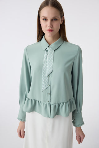 Fularlı Düğmeli Volanlı Mint Gömlek 0122