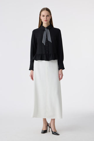 Fularlı Düğmeli Volanlı Siyah Gömlek 0122