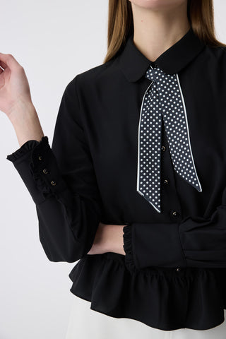 Fularlı Düğmeli Volanlı Siyah Gömlek 0122