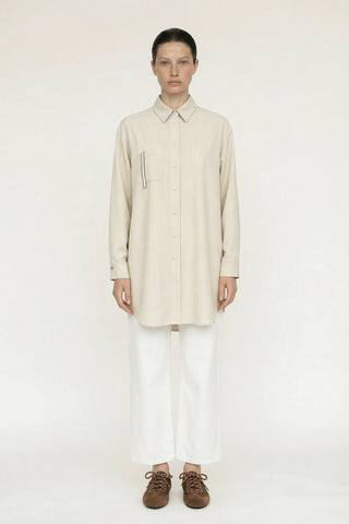 Düğmeli Cep Detaylı Rahat Bej Gömlek 0130