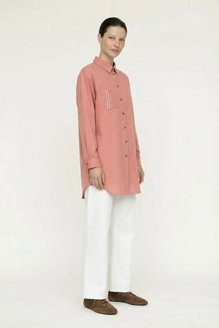 Düğmeli Cep Detaylı Rahat Kiremit Gömlek 0130