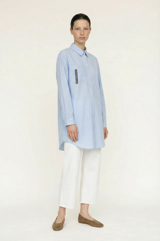 Düğmeli Cep Detaylı Rahat Mavi Gömlek 0130