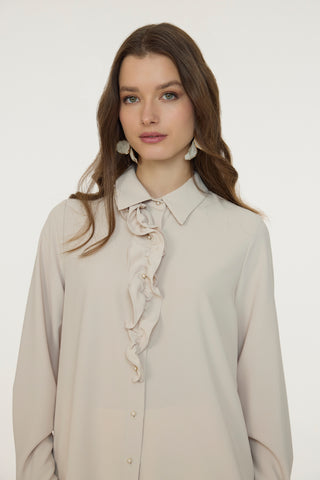 Fırfırlı Çiçek Detaylı Zarif Bej Gömlek 0139