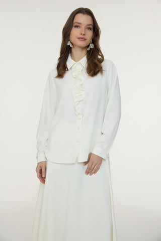 Fırfırlı Çiçek Detaylı Zarif Ekru Gömlek 0139