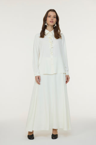 Fırfırlı Çiçek Detaylı Zarif Ekru Gömlek 0139