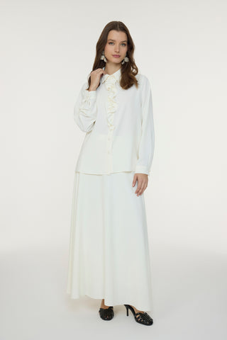 Fırfırlı Çiçek Detaylı Zarif Ekru Gömlek 0139