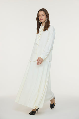 Fırfırlı Çiçek Detaylı Zarif Ekru Gömlek 0139