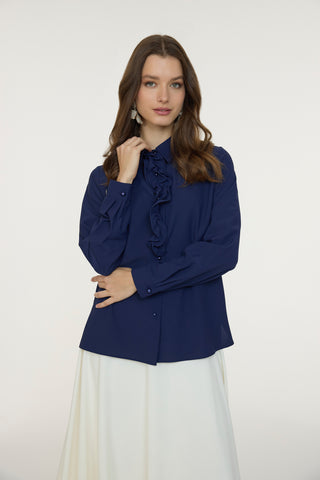 Fırfırlı Çiçek Detaylı Zarif Lacivert Gömlek 0139