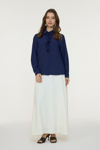 Fırfırlı Çiçek Detaylı Zarif Lacivert Gömlek 0139