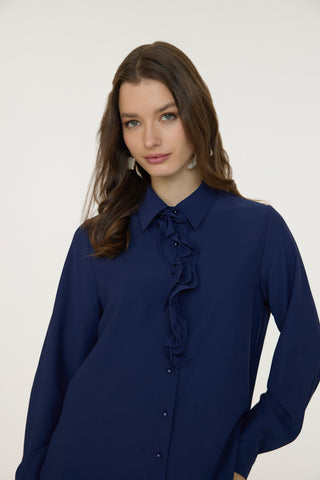 Fırfırlı Çiçek Detaylı Zarif Lacivert Gömlek 0139