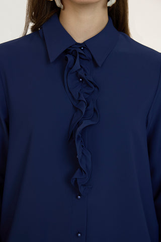 Fırfırlı Çiçek Detaylı Zarif Lacivert Gömlek 0139