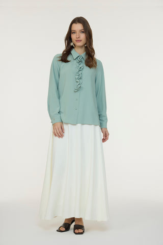 Fırfırlı Çiçek Detaylı Zarif Mint Gömlek 0139