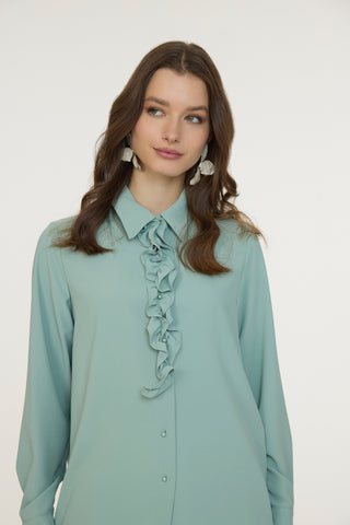 Fırfırlı Çiçek Detaylı Zarif Mint Gömlek 0139