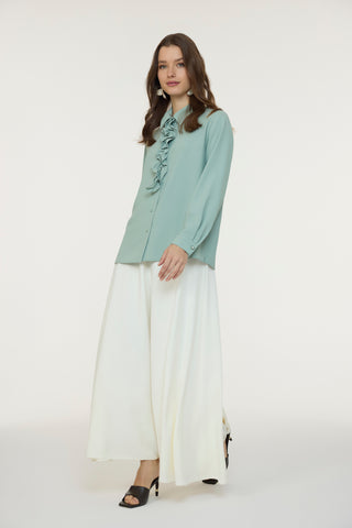 Fırfırlı Çiçek Detaylı Zarif Mint Gömlek 0139