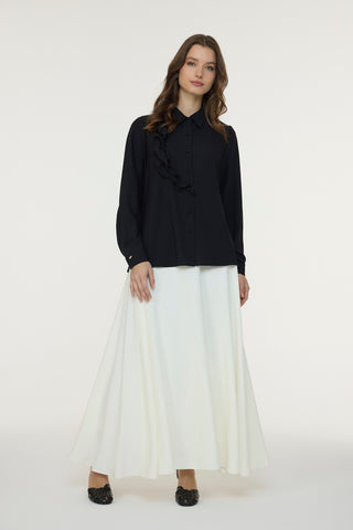 Fırfırlı Çiçek Detaylı Zarif Siyah Gömlek 0139