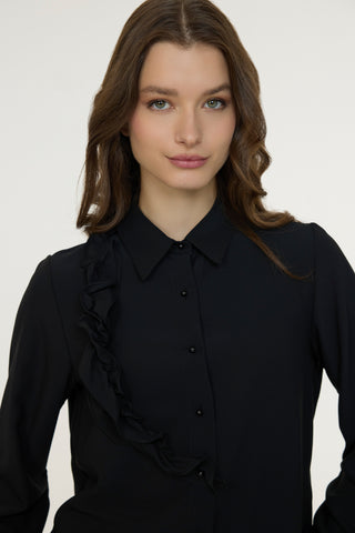 Fırfırlı Çiçek Detaylı Zarif Siyah Gömlek 0139