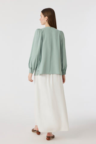 Puantiye Fularlı Pilise Detaylı Mint Bluz 0142
