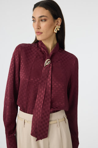 Dokulu Fular Detaylı Zarif Bordo Gömlek 0143