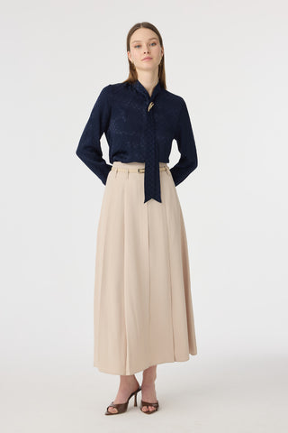 Dokulu Fular Detaylı Zarif Lacivert Gömlek 0143