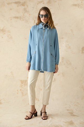 Fermuarlı Kapüşonlu Spor Mavi Ceket 0181