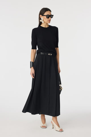 Kemerli Pileli Uzun Siyah Etek 0212