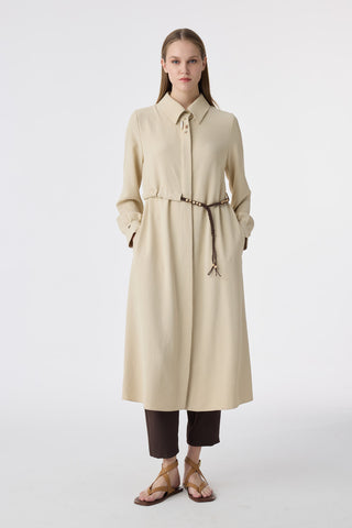 Yakalı Kuşaklı Düğme Detaylı Bej Giy Çık 0353