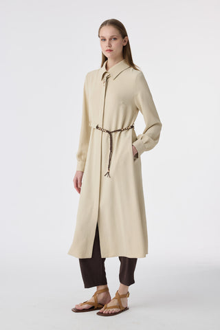 Yakalı Kuşaklı Düğme Detaylı Bej Giy Çık 0353