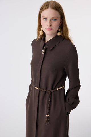 Yakalı Kuşaklı Düğme Detaylı Kahve Giy Çık 0353