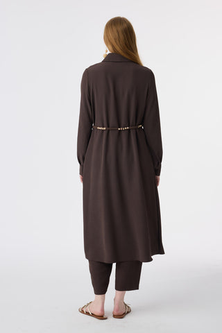 Yakalı Kuşaklı Düğme Detaylı Kahve Giy Çık 0353