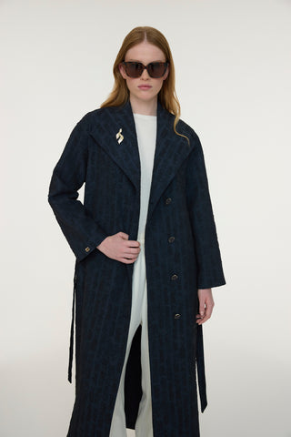 Şal Yaka Kuşaklı Broş Detaylı Lacivert Giy Çık 0365