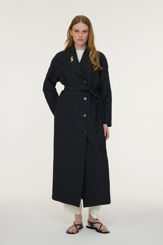 Şal Yaka Kuşaklı Broş Detaylı Siyah Giy Çık 0365