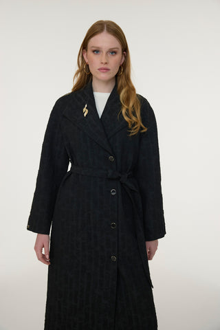 Şal Yaka Kuşaklı Broş Detaylı Siyah Giy Çık 0365