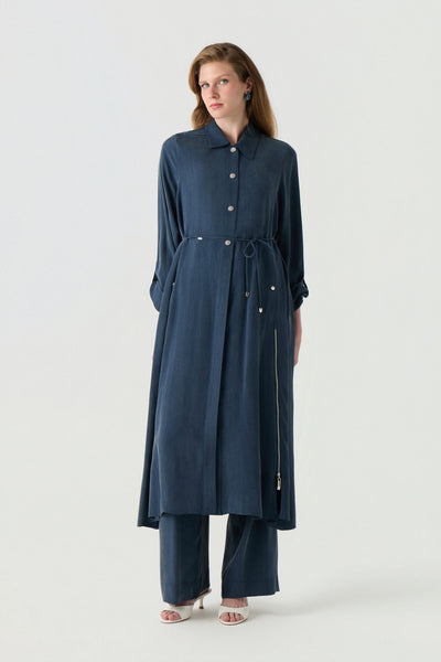 Minimal Düğme Detaylı Akıcı Form Indigo Giy Çık 0398