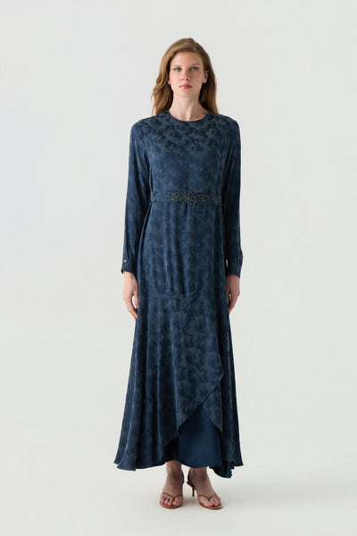 Desenli Kuşaklı Katmanlı Indigo Elbise 0554