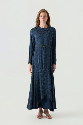 Desenli Kuşaklı Katmanlı Indigo Elbise 0554